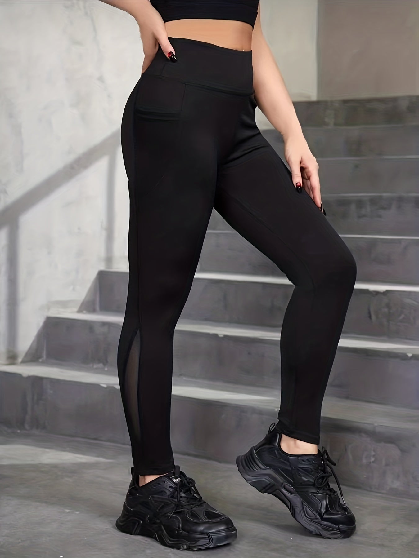 Mesh Contrast Yoga Leggings Pocket High Waist Butt Lifting