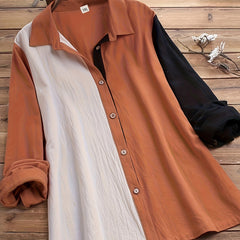  Colorblock Long Sleeve Button Up Tunic Shirt