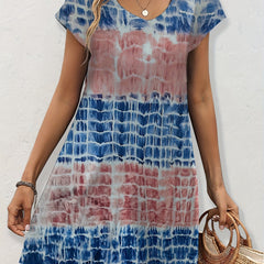  Tie Dye Cap Sleeve Round Neck Mini Dress