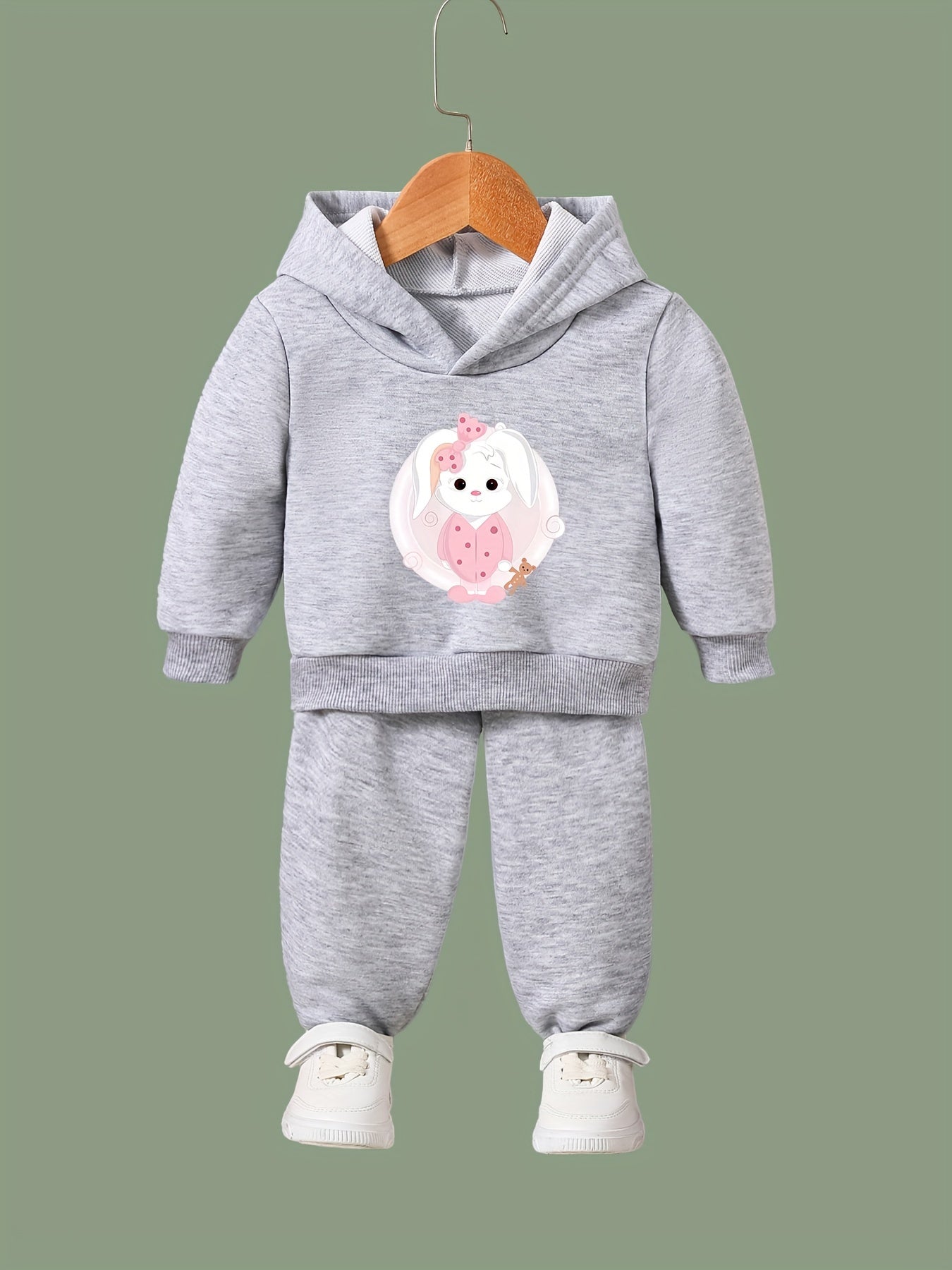Cartoon Rabbit Pattern Hooded Sweatshirt & Solid Sweatpants Set for Girls