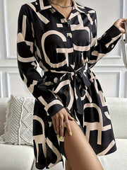  Women's Shirt Dress Letter Print Button Up Long Sleeve