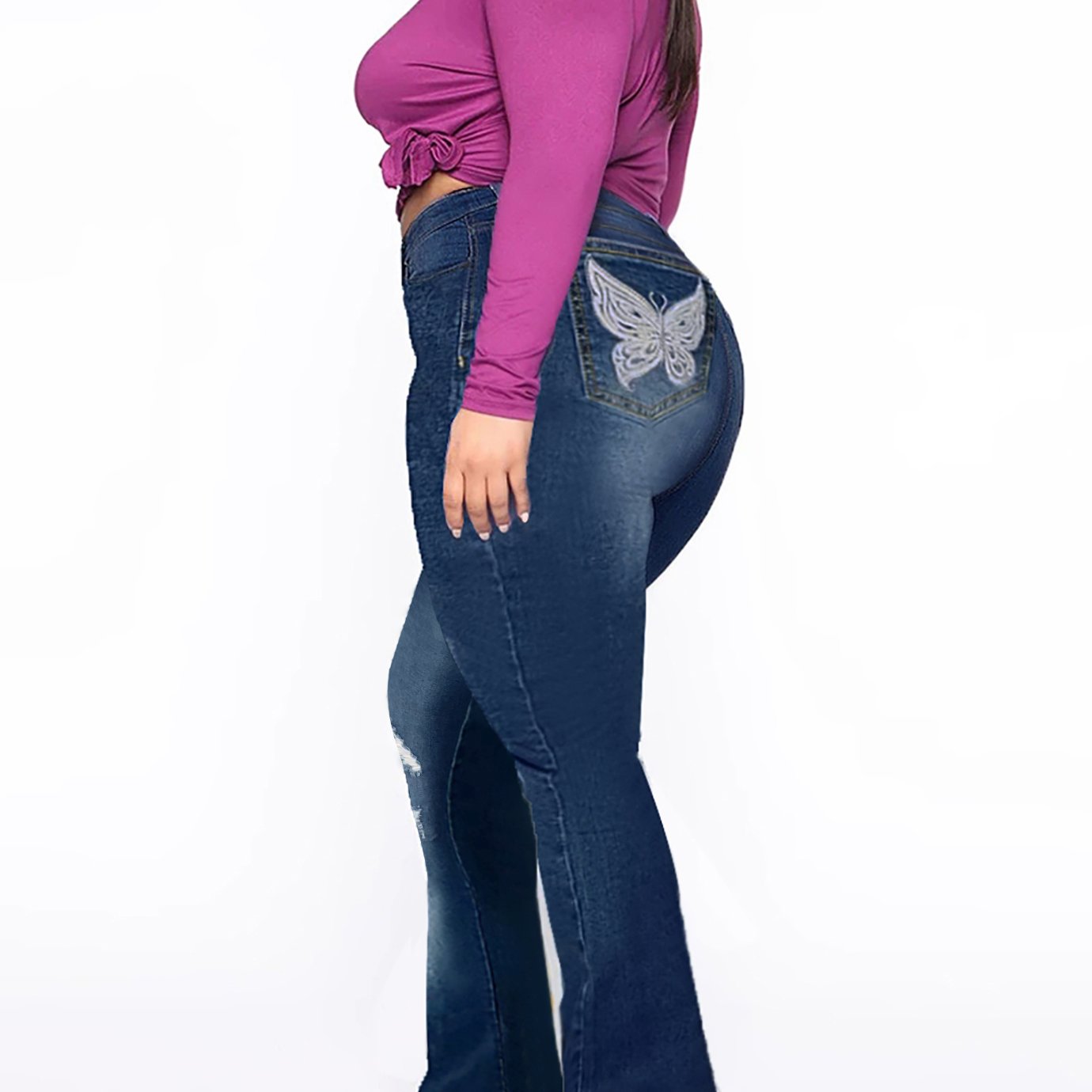  Y2K Ripped Button Up Flare Jeans With Butterfly Pockets