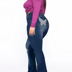  Y2K Ripped Button Up Flare Jeans With Butterfly Pockets