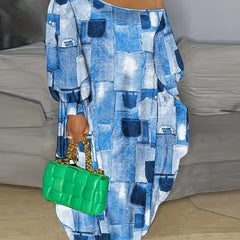 Denim Print One Shoulder Maxi Dress With Pockets