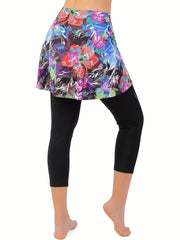 Floral Print Plus Size Sports Skort High Stretch Sports Skirt Leggings