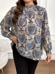  Boho Blouse Women's Plus Damask Print Lantern Sleeve Top