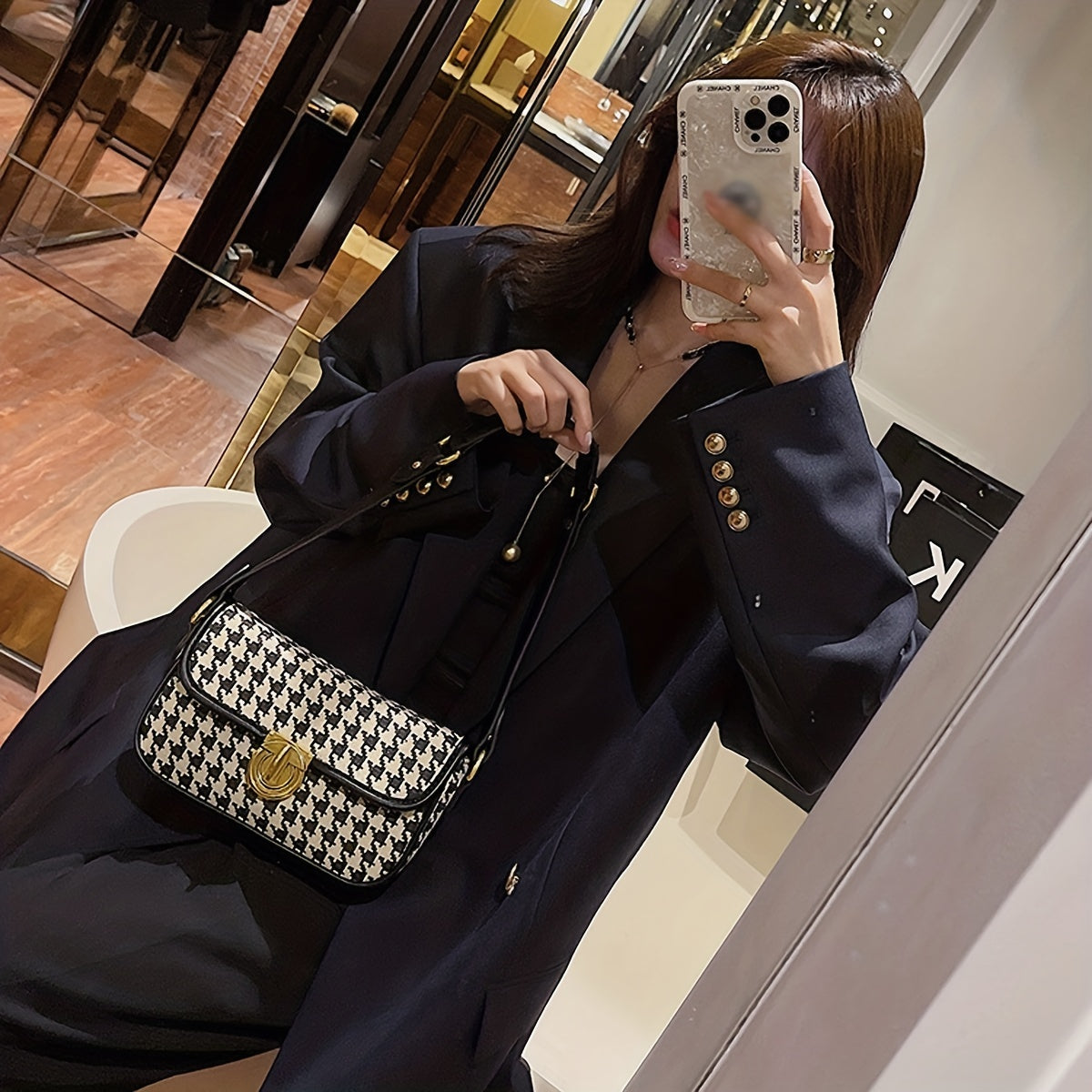 Women's Houndstooth Underarm Bag Lightweight Turn Lock Armpit Bag