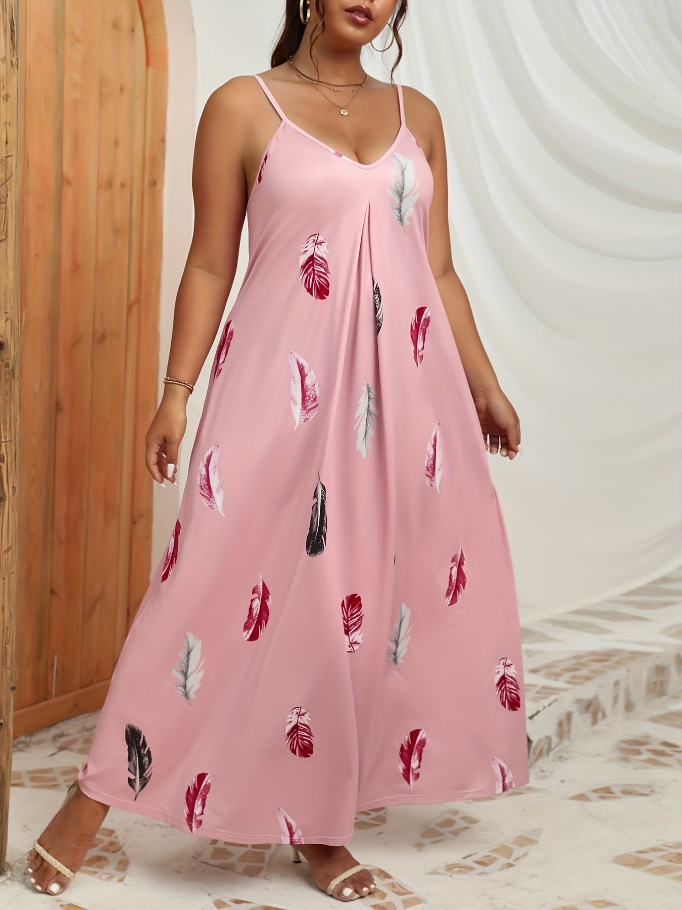  Feather Print V Neck Stretch Maxi Dress