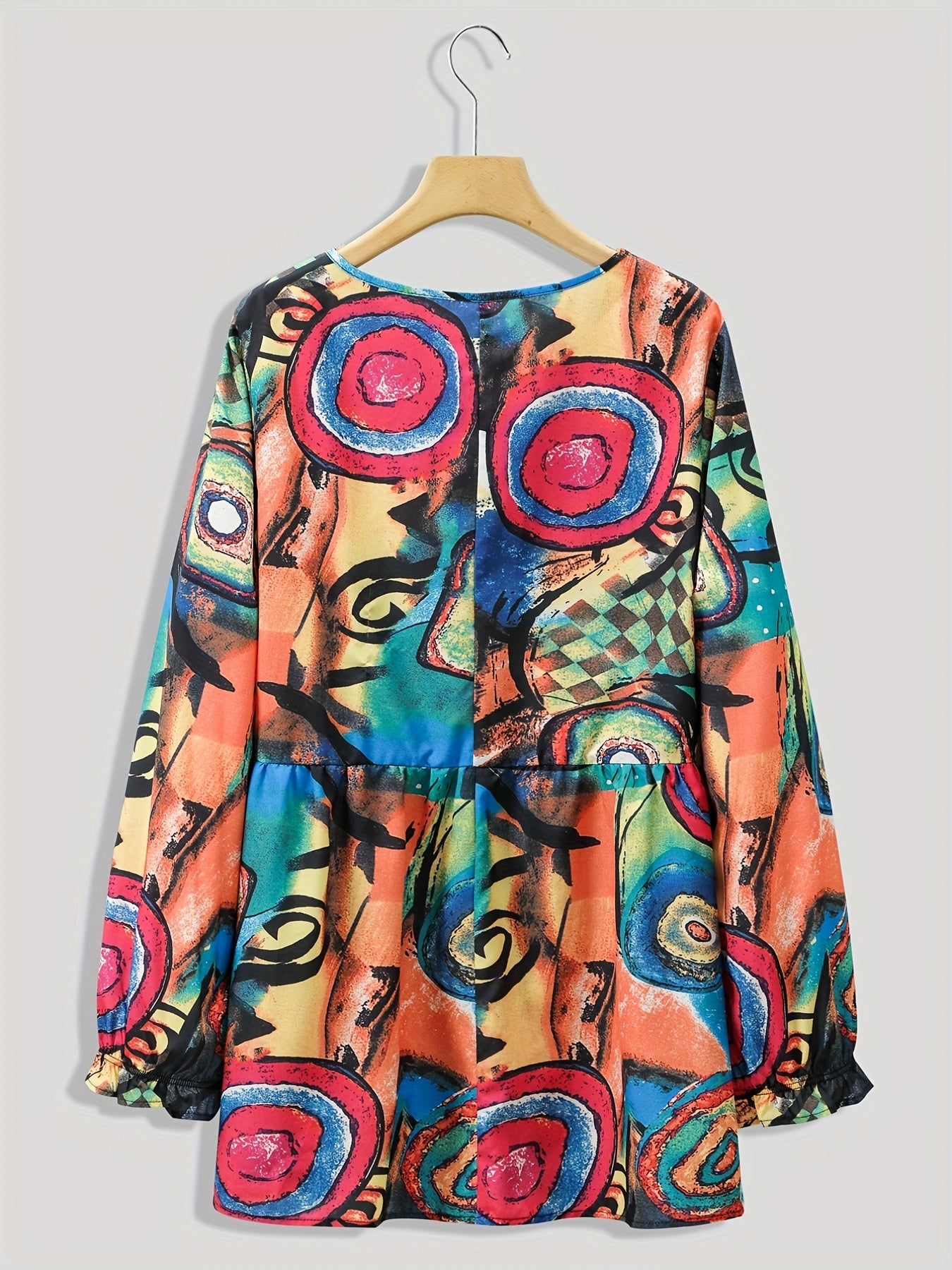  Abstract Print Long Sleeve Pleated Blouse