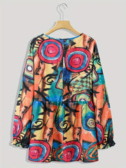  Abstract Print Long Sleeve Pleated Blouse