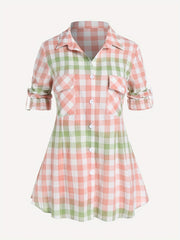  Colorblock Gingham Button Up Peplum Blouse