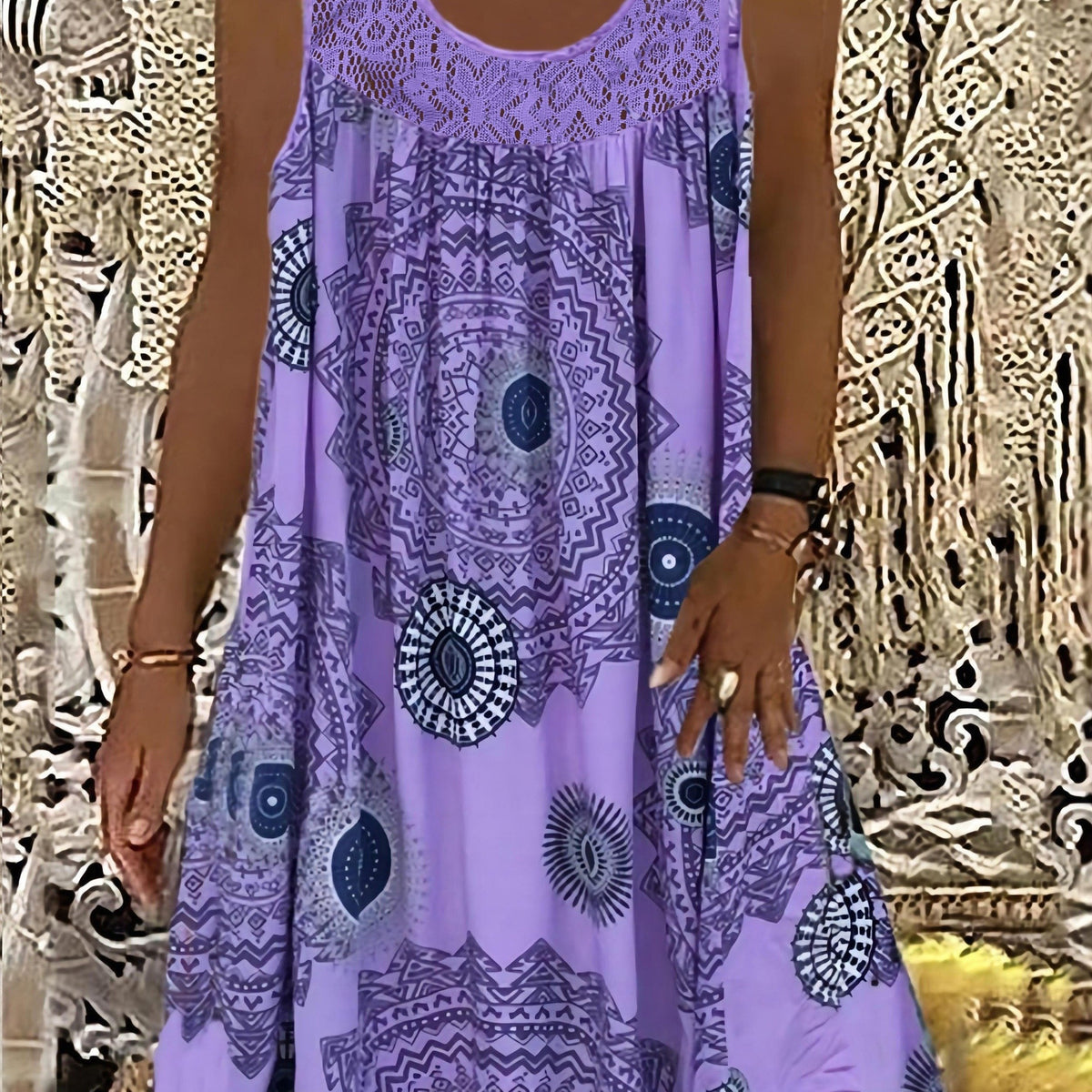  Tile Print Eyelet Embroidered Tank Dress