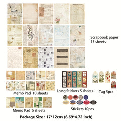 50 Sheets Vintage Scrapbook Paper Stickers and Sticky Paper Set