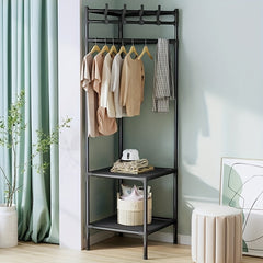 Sturdy Coat Rack with 2 Storage Layers and 4 Double Hooks