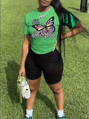  Butterfly Print Short Sleeve Top & Shorts Set