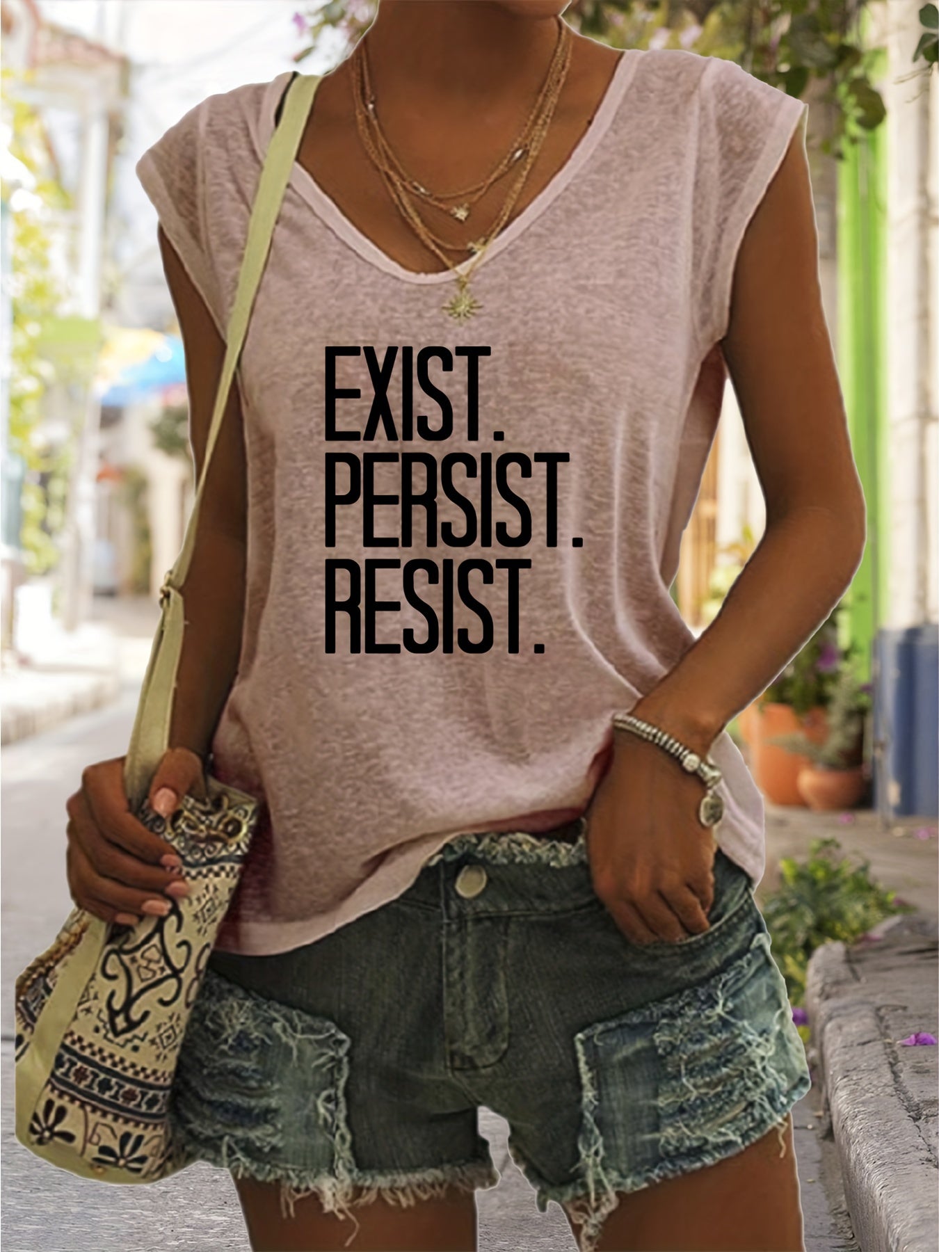 Letter Print V Neck Tank Top Casual Sleeveless