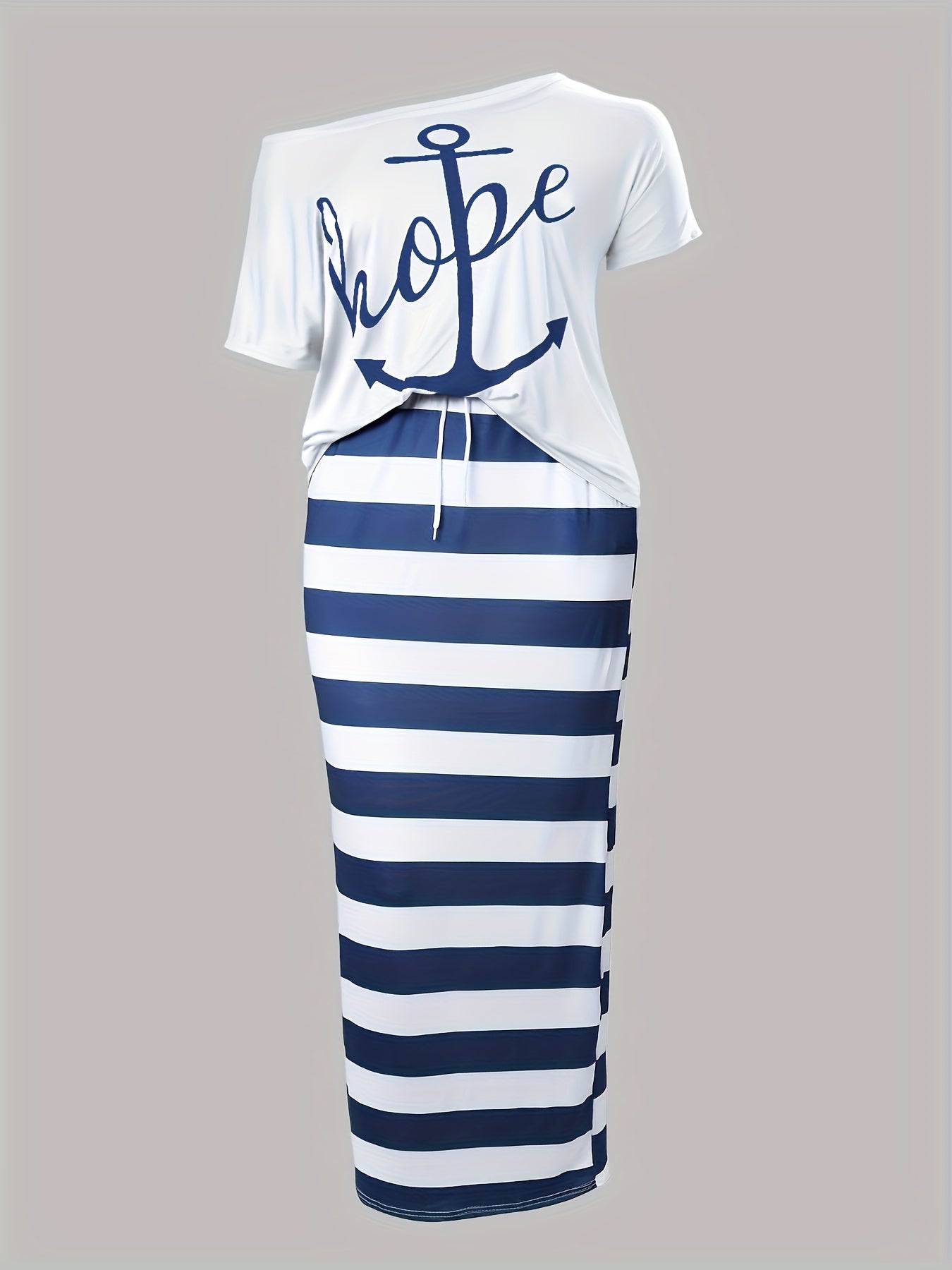 Women's Plus Anchor & Letter Print T shirt & Strip Slim Fit Skirt 2pcs Set