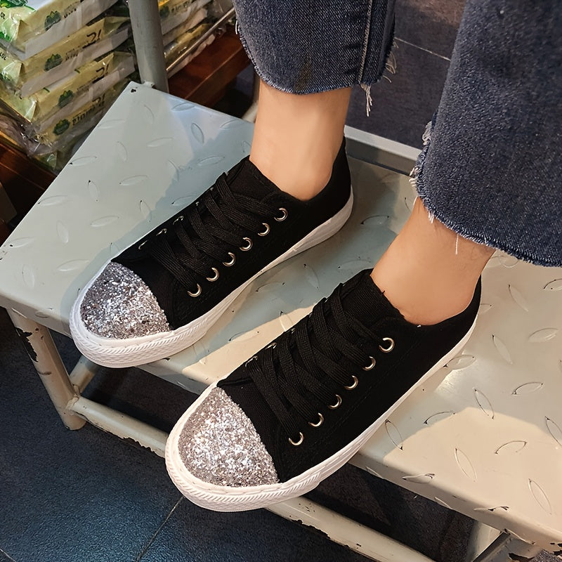 Silver Sequin Decor Canvas Lace-Up Skate Shoes Women's Footwear