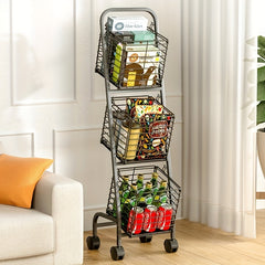 3 Tier Metal Market Basket with Wheels - Ideal for Fruits & Veggies
