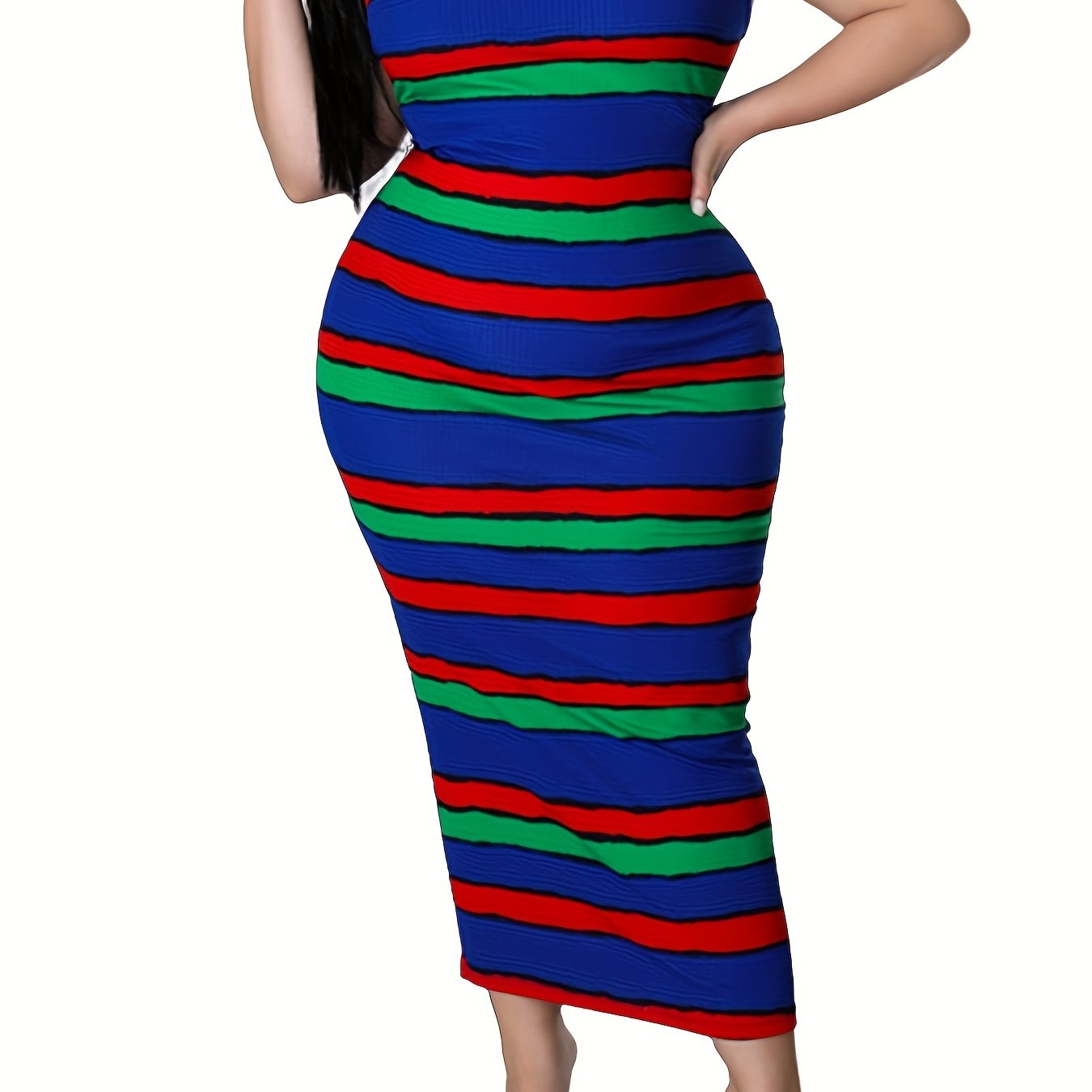  Casual Dress Women's Plus Strip Round Neck Medium Stretch