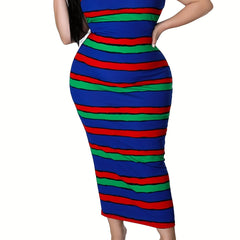  Casual Dress Women's Plus Strip Round Neck Medium Stretch