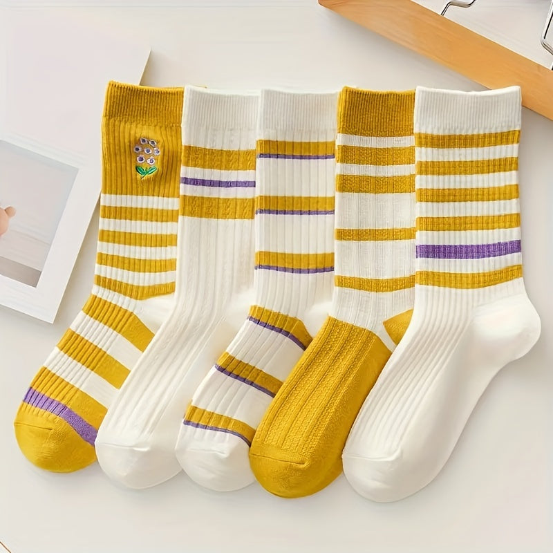 5 Pairs Striped Crew Socks Women's Stockings & Hosiery