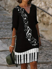  Music Note Print Half Sleeve Dress