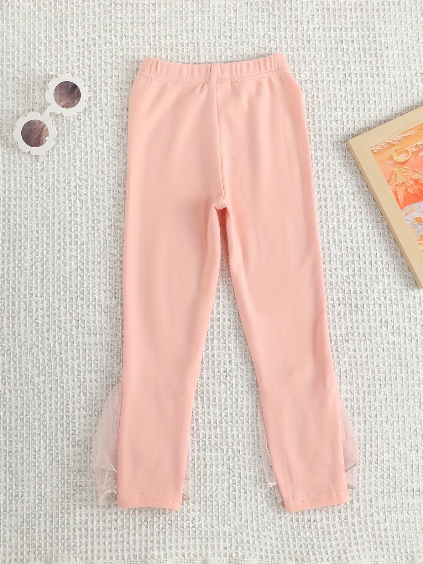Girls Ruffle Mesh Trim Leggings With Bowknot