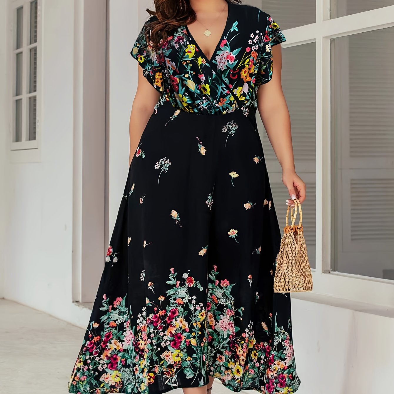 Floral Print Short Sleeve V Neck Maxi Dress