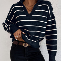  Striped Knitted Long Sleeve Polo Neck Pullover Jumper