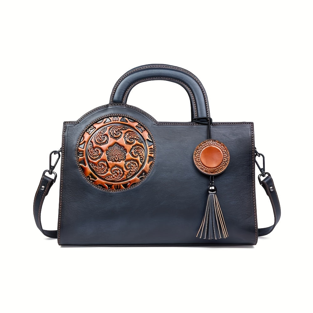 Leather Floral Tote Bag Soft Light Brown Shoulder Satchel