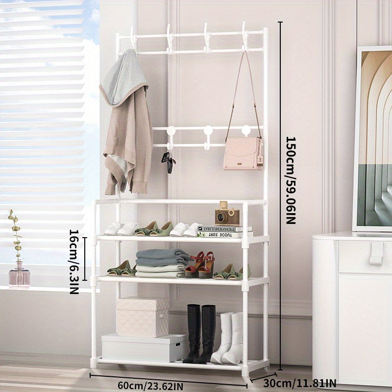 Household Independent Clothes Rack with 3 Shelves & 8 Hooks