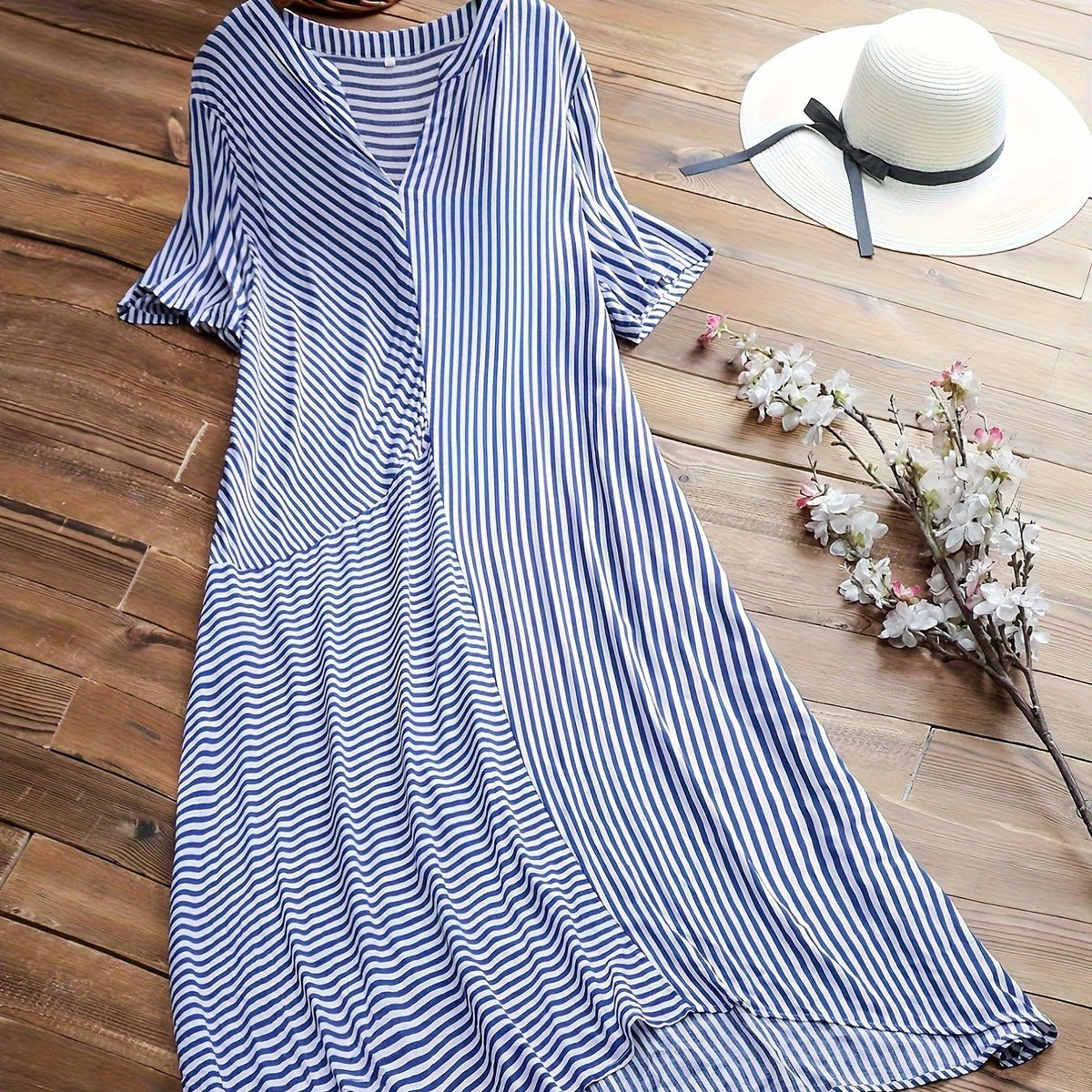 Stripe Print Short Sleeve Casual Dress