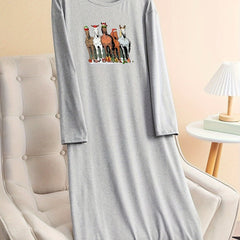  Christmas Casual Lounge Dress Women's Plus Horse Print Long Sleeve
