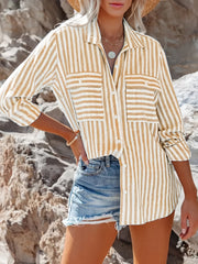  Stripe Print Long Sleeve Button Up Blouse