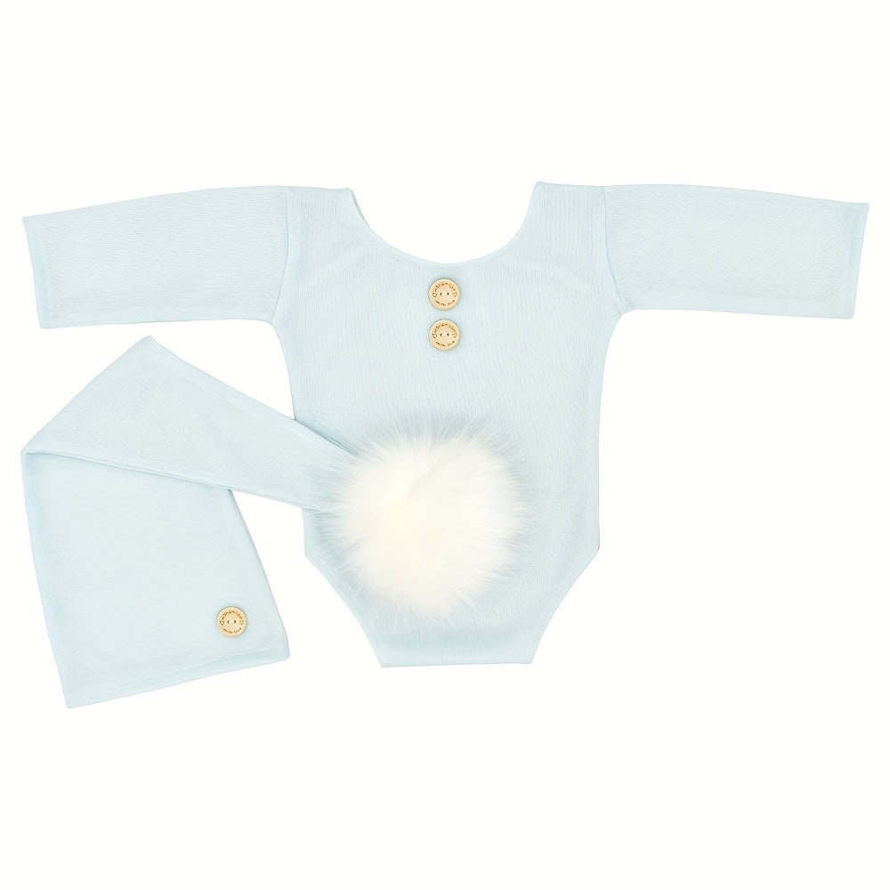 Newborn Baby Photo Props Suit with Fur Ball Long-tailed Cap