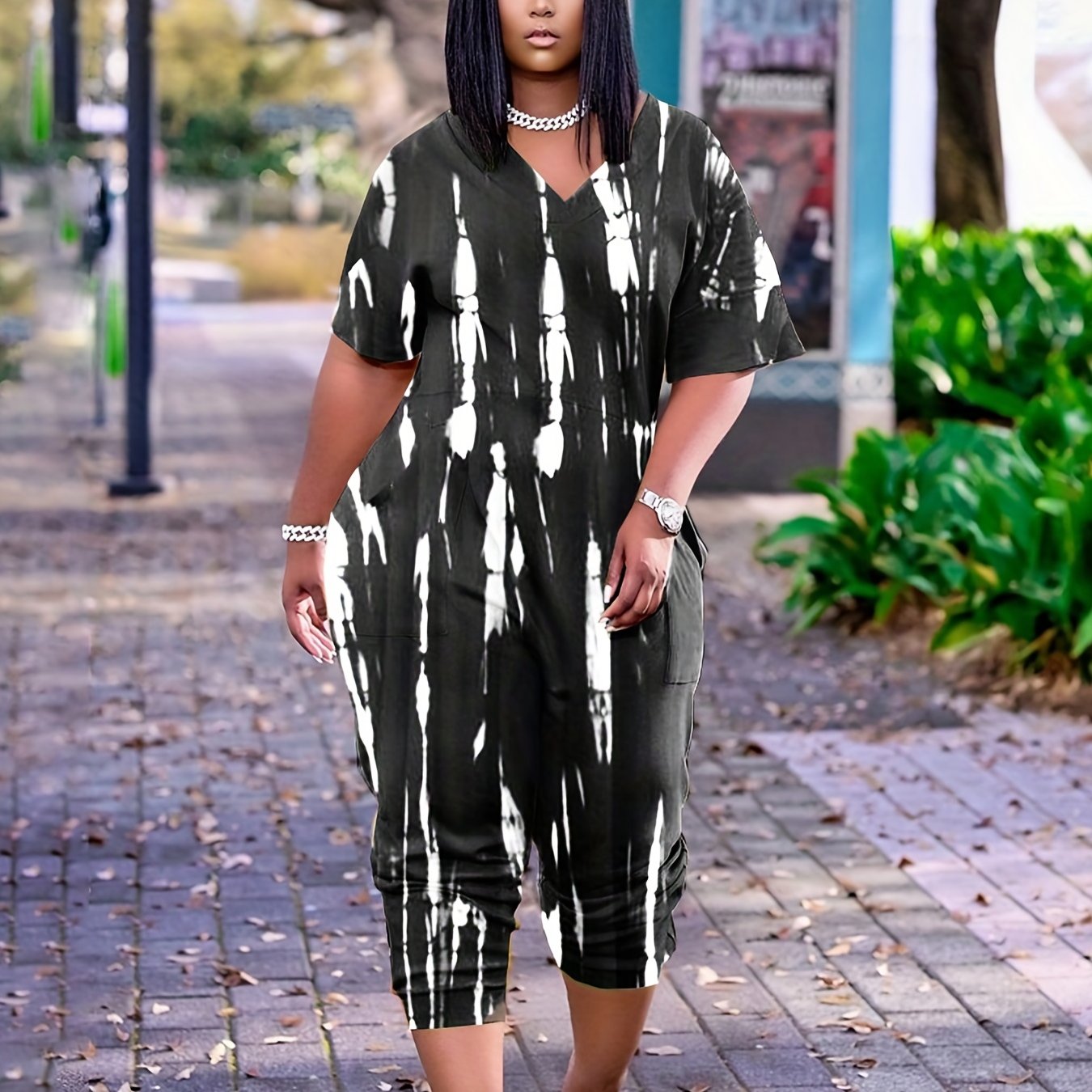  Tie Dye V-Neck Jumpsuit with Pockets