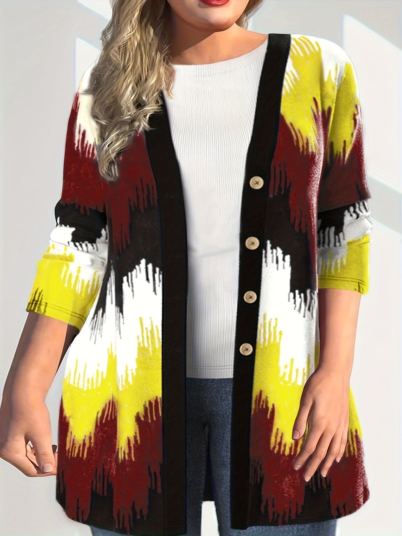 Colorblock Print Long Sleeve Button Up Cardigan