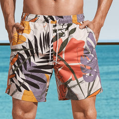 Leaf Pattern Print Men's Swim Trunks Quick Dry Beach Shorts Swimwear