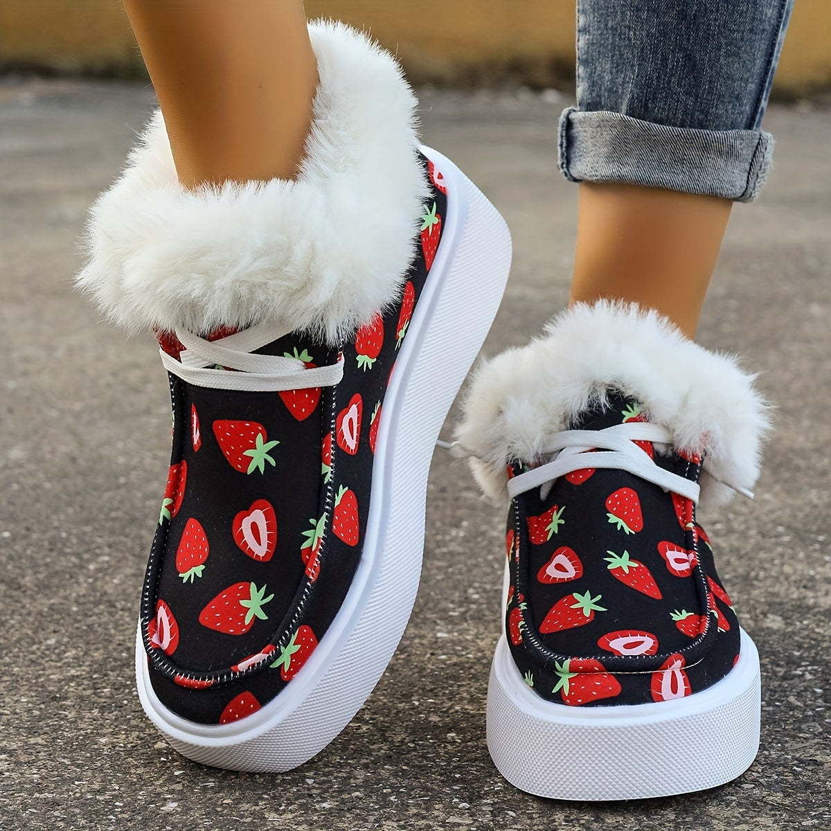 Women's Strawberry Print Warm Sneakers Low Top Sport Shoes
