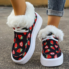 Women's Strawberry Print Warm Sneakers Low Top Sport Shoes