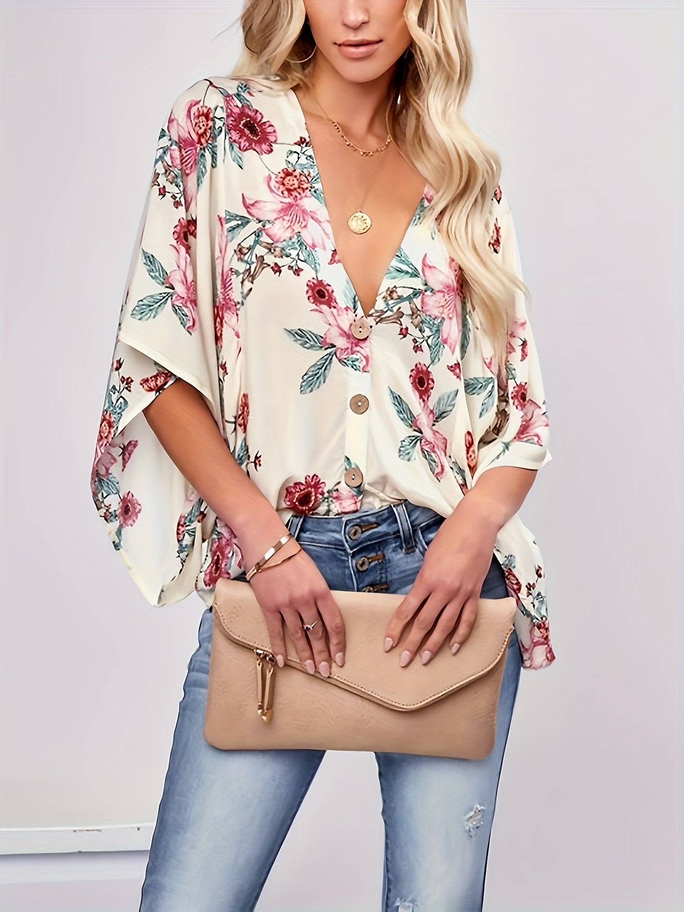  Floral Print Bat Sleeve V Neck Blouse
