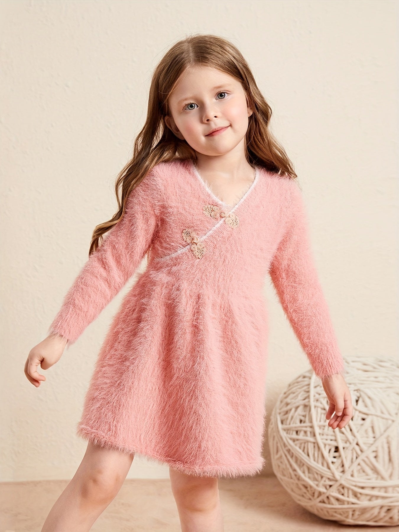 Girls V Neck Knitted Dress Long Sleeve Casual Dress Kids Spring Fall