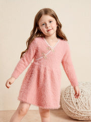 Girls V Neck Knitted Dress Long Sleeve Casual Dress Kids Spring Fall