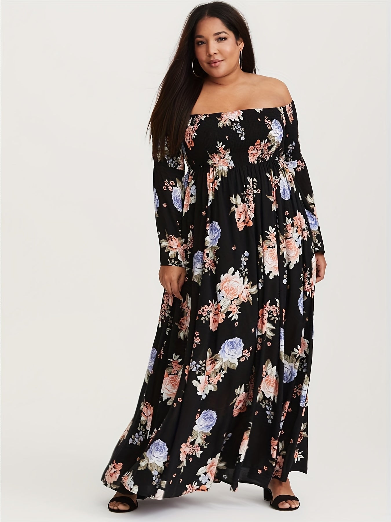  Floral Print Off Shoulder Maxi Dress