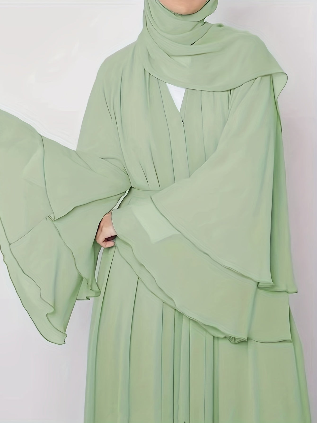  Mesh Bell Sleeve Layered Maxi Abaya Dress & Hijab 2pcs Set