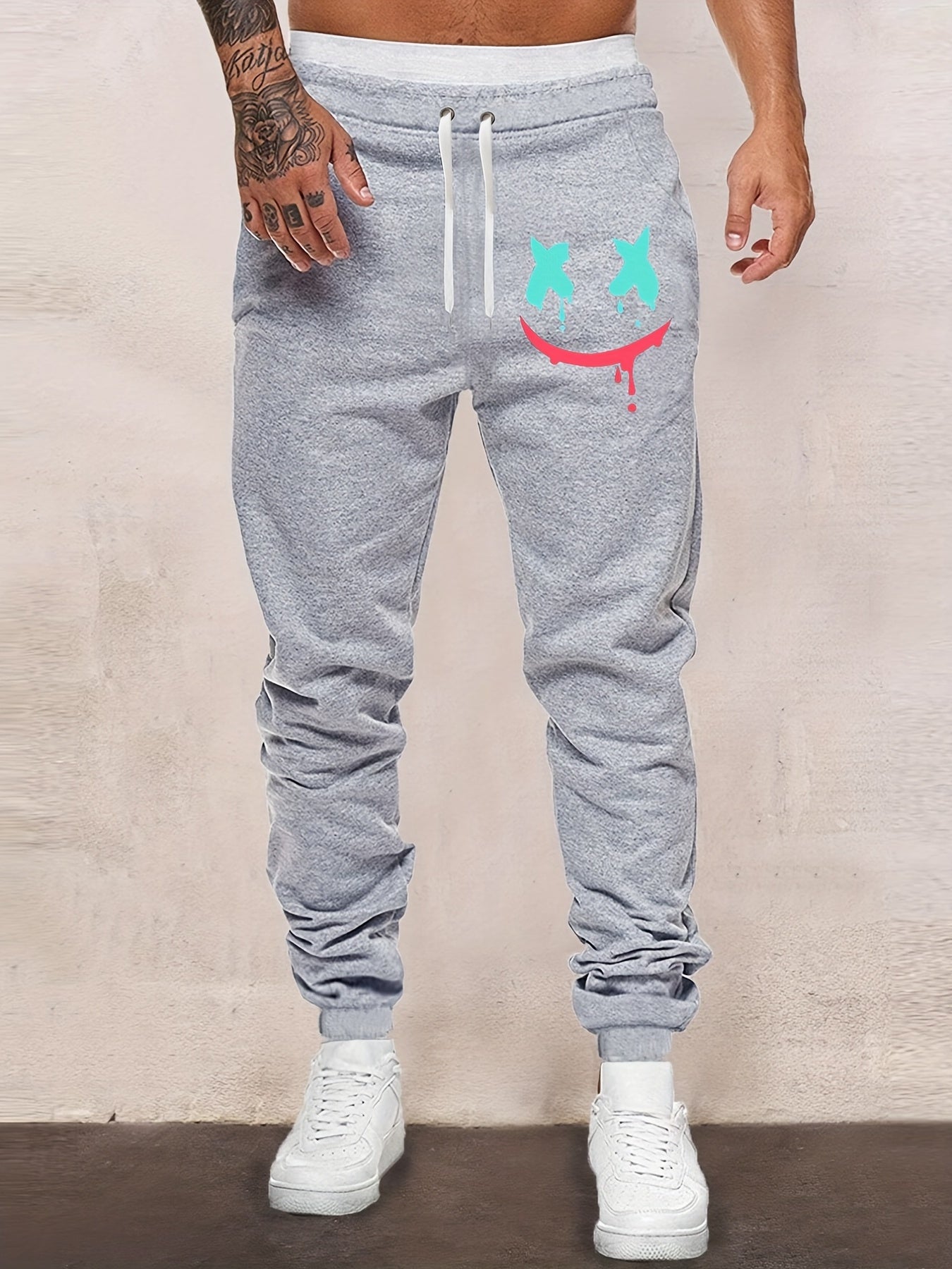 Smile Expression Print Men's Drawstring Sweatpants Loose Casual Jogger Pants