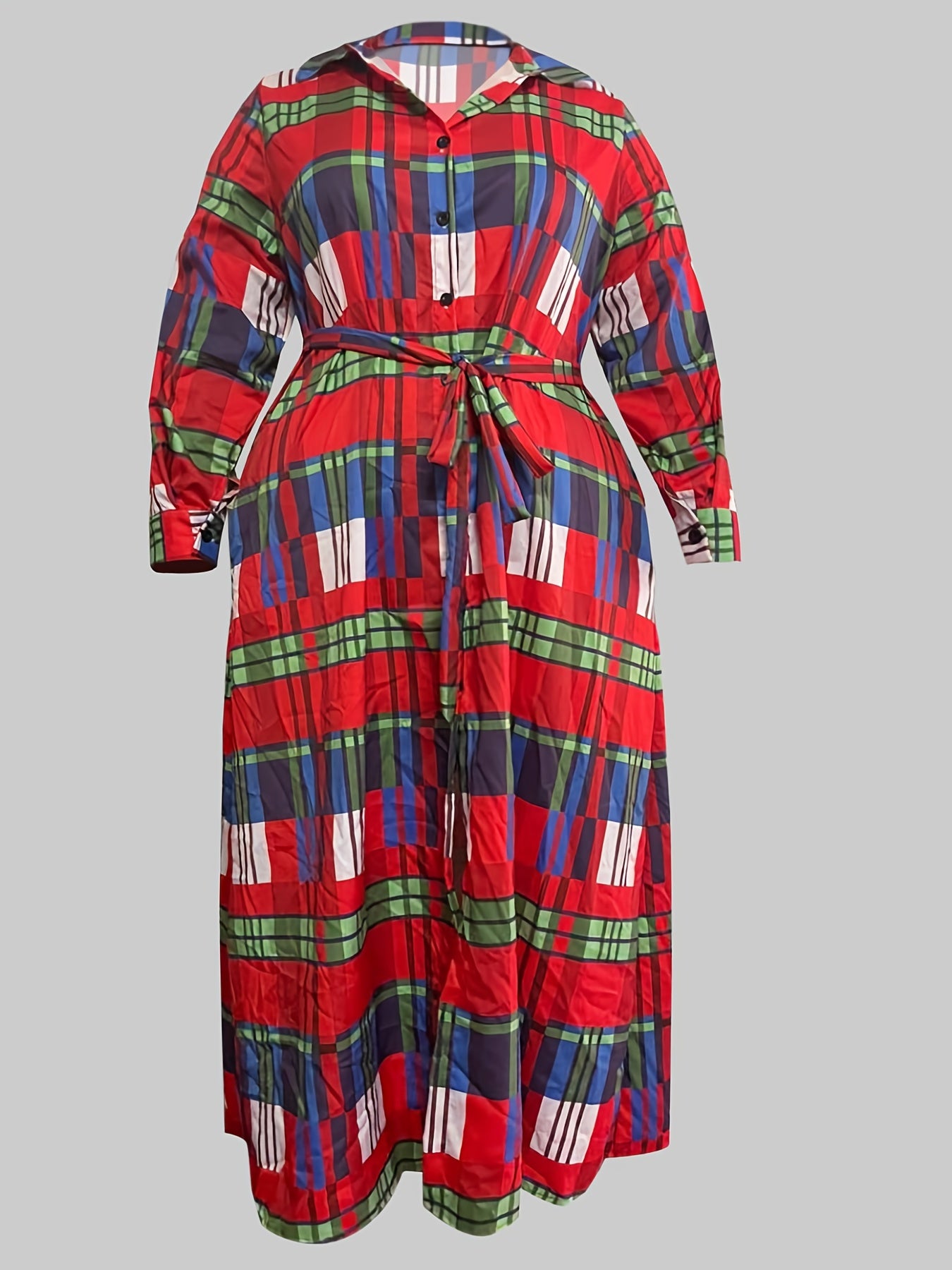 Women's Plus Plaid Print Button Up Long Sleeve Maxi Shirt Dress