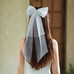 Bridal Hair Bow with Flowing Mesh Veil Wedding Prom Hair Accessory