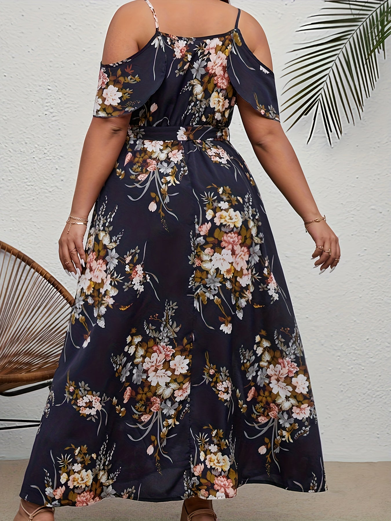 Women's Plus Floral Print Cold Shoulder Maxi Dress